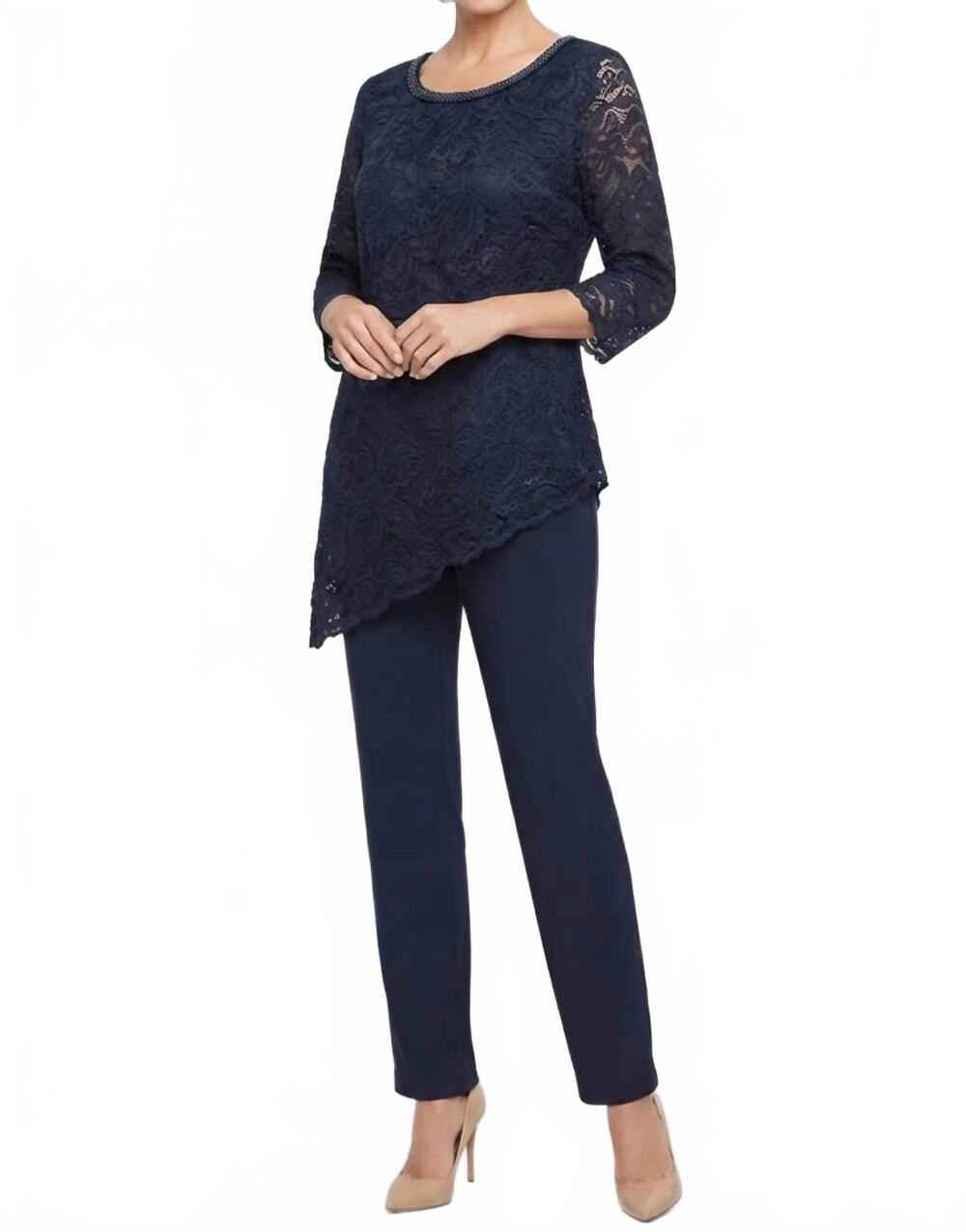 NEW MAYA BROOKE lace asymmetrical tunic pant set in navy